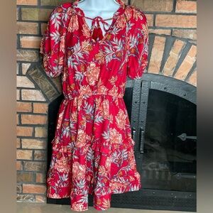 Band of the Free mini boho red floral tiered dress sm pp17” L34.5” Waist 13+2.5”